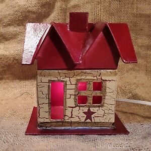 Primitive Crackle Tan Burgundy Star Lighted Small House Country Decor