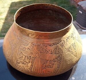 Handmade Antique Egyptian Brass Bowl Pot Etched Dovetailed Vessel 19thc 