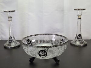 Vtg Egermann Czech Cut To Clear Etched Crystal Black Footed Bowl 2 Candleholders
