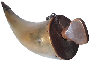 Scarce Early 19th C American Prmtv Antique Signed Blk Pwdr Horn W Wdn Scrw Plug