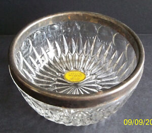 Mid Century Leonard Italy Cut Crystal Glass Silverplate Rim Cereal Nut Bowl 5 