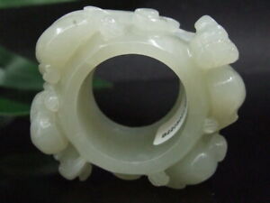 Certified Natural Collection Old He Tian Jade Statues Ring 2 Dragon Qing