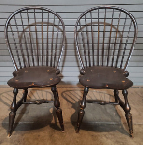 Pair Of D R Dimes Bow Back Windsor Chairs Bench Made Black Crackle Finish