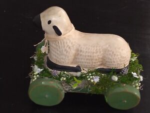 Primitive Folk Art Lamb On Cart Vintage Antique Look Spring Easter Farmhouse