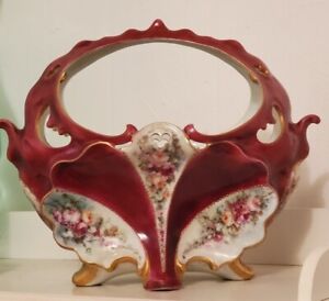 1880 S Old Paris Porcelain Burgundy Hand Painted Centerpiece Basket Stunning