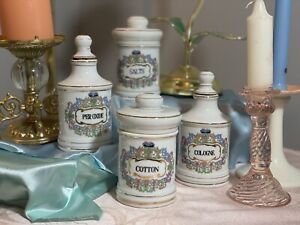Rare Vintage 1930 S Hand Painted Porcelain Apothecary Jars Chase Set Of 4 