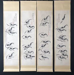 Old Chinese 100 Hand Painted Four Painting Scrolls Shrimps By Qi Baishi 