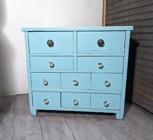 Antique Blue Painted Cabinet Chest Of Drawers Rustic Country Apothecary Style