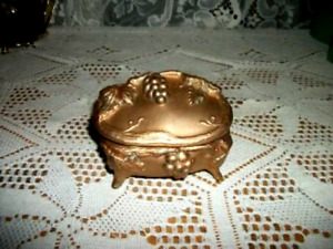 Art Nouveau Metal Jewelry Casket Box Gold Grapes Original Blue Silk Small