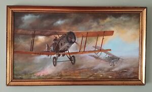 Aviation Rfc Ww1 Great War Bristol Fighter Fine Antique Signed Oil Painting