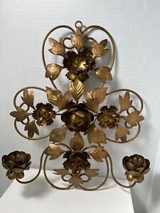 Vintage Mcm Gold Leaf Wall Sconce Candle Holder Italian Style Hollywood Regency