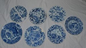 7 Chinese Large Plates 17 18th Century Blue White Kangxi