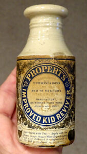 1870 S Antique Propert S Kid Leather Reviver Stoneware Crock Bottle London