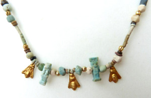 Ancient Egyptian Faience Beads And Faience Amulet Necklace W Old 22 K Gold Bees