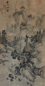 U0099 Japanese Vintage Hanging Scroll Kakejiku Hand Paint Paper Landscape