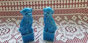 Vintage Pair Chinese Foo Dog Porcelain Figures Turquoise Blue Glazed 4 3 4 Tall