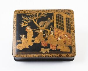 Antique Japanese Gold Red Painted Black Lacquer Box Meiji Period 7 X 6 