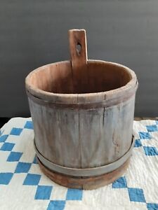 Antique Primitive Wood Stave Maple Sugar Sap Bucket Metal Wood Bands Unique