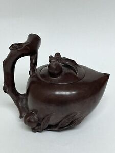  Vintage Chinese Teapot Carved Stone Signed Branches Leaves Brown