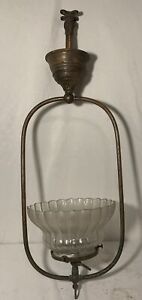 Vintage Brass Hanging Lamp Glass Shade Victorian Farmhouse Chandelier Gas