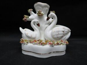 Antique English Staffordshire Porcelain Swan Family Spill Vase 19th Century