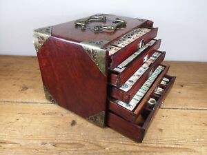 Antique Chinese Mahjong Set With Bone Tiles In Brass Mounted Hardwood Cabinet