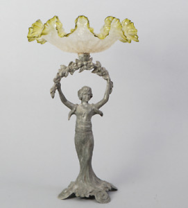 Antique Spelter Zamac Metal Art Nouveau Lady Tazza Statue Murano Glass Bowl Rare