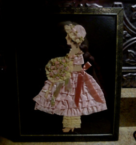 Framed Hand Crafted Antique Ribbon Paper Doll Wall Art Circa 1920 S