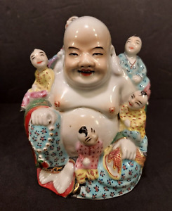 Chinese Porcelain Vintage Laughing Buddha With 5 Children Famille Signed 5 Tall