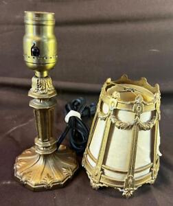 Antique Old Art Nouveau Deco Small Spelter Painted Metal Boudoir Lamp Shade