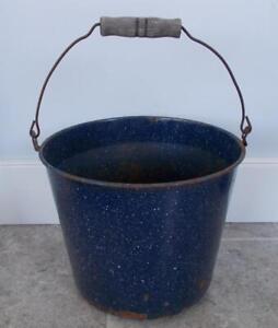 Vintage Blue White Enamelware Bail Handle Bucket Pail 9 5 Hx11 W 16 H W Handle