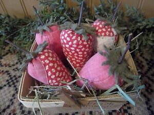 Primitive Handmade Antique Cutter Quilt Strawberries In Wood Berry Basket
