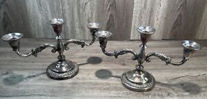 Pair 2x Vintage Silver Plated Ornate Embossed 3 Sconce Candelabra 13 X 8 