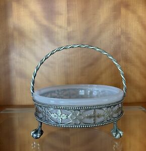 Antique Victorian Silver Basket Bride Glass Dish Art Nouveau Clawfoot H E