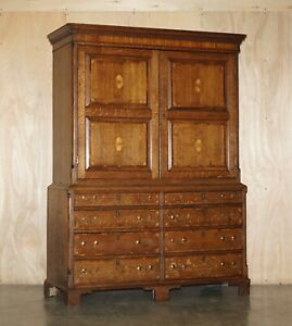 Exquisite Antique 1800 Sheraton Inlaid Housekeepers Cupboard Wardrobe Drawers