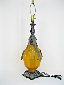 Vintage Spanish Revival Gothic Wrought Iron Table Light Amber Glass