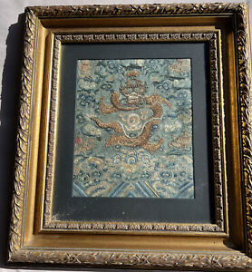 Antique Chinese Embroidered Framed Forbidden Stitch Metal Couching Emperor Robe