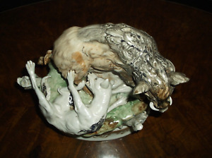 Rare Antique 19 C German Large Porcelain Hunting Hound Dog Attacking A Wild Boar