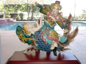Rare Signed K Y Li Koji Chinese Antique Roof Tile Smiling Warrior With Stand