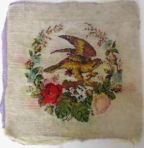 19c Antique Handmade Embroidery Tapestry W Heavy Glass Beadwork Rare