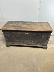 Primitive Early Surface Pa Bracket Ft Blanket Chest Blue Paint Strap Hinge 1790s