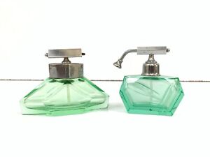 Vintage Green Color Cut Glass Perfume Atomizers