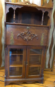 Antique Victorian Edwardian Oak Secretary Writing Desk Bookcase With Chair