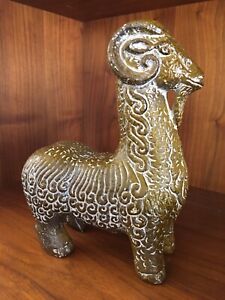 Vintage Pottery Aldo Londi Style Ceramic 9 Tall Big Horn Sheep Ram Italy Goat