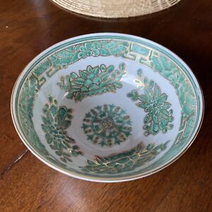 Chinese Porcelain Bowl Green White Gold Handpainted Chinoiserie 6 Vntg