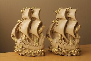 Rare Pair Gilt Art Deco Ship Galleon Book Ends Pirates 20 S 30 S Gold Treasure
