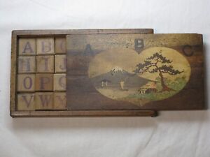 Antique Japanese Inlaid Wood Parquetry Box Alphabet Tiles