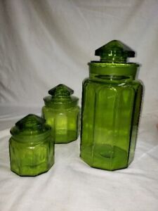 3 Vtg Dakota Green Glass Canister Apothecary Candy Jars Ground Lid Chipped 723