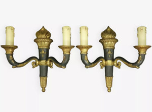 Pair Sconces Torch Decor Empire Style Bronze By Petitot French Antique