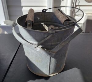 Vintage Galvanized Wringer Mop Bucket Wooden Rollers Metal